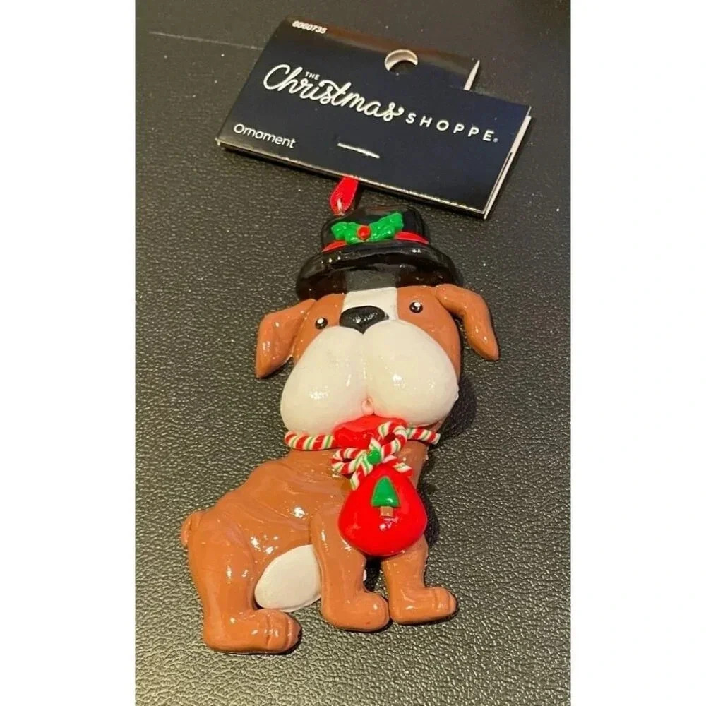 Bulldog Dog Puppy Brown Top Hat Christmas Holiday‎ Ornament Polymer Clay NEW